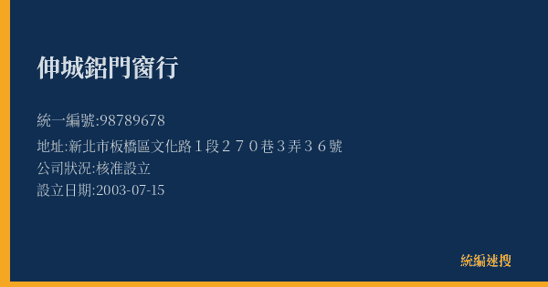 伸城鋁門窗行的照片-統編 98789678(新北市) 公司登記資料與營業項目詳細圖表