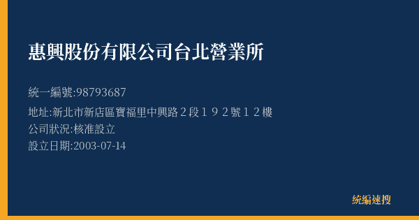 惠興股份有限公司台北營業所的照片-統編 98793687(新北市) 公司登記資料與營業項目詳細圖表