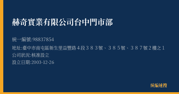 赫奇實業有限公司台中門市部的照片-統編 98837854(臺中市) 公司登記資料與營業項目詳細圖表
