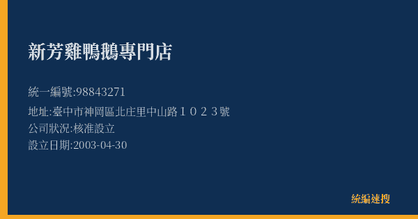 新芳雞鴨鵝專門店的照片-統編 98843271(臺中市) 公司登記資料與營業項目詳細圖表
