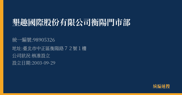 墾趣國際股份有限公司衡陽門市部的照片-統編 98905326(臺北市) 公司登記資料與營業項目詳細圖表