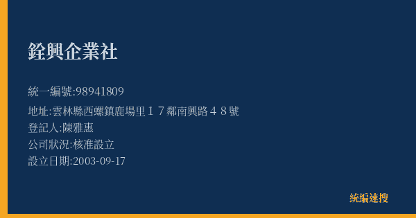 銓興企業社的照片-統編 98941809(雲林縣) 公司登記資料與營業項目詳細圖表