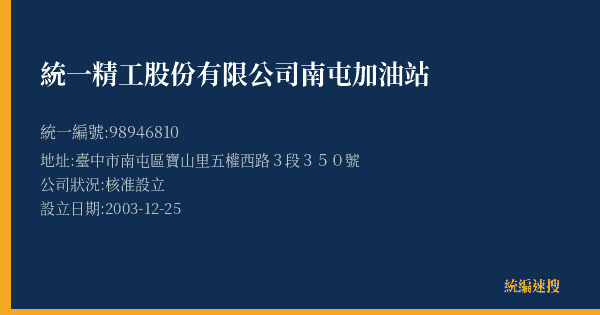 統一精工股份有限公司南屯加油站的照片-統編 98946810(臺中市) 公司登記資料與營業項目詳細圖表