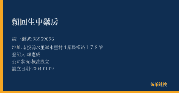 賴回生中藥房的照片-統編 98959096(南投縣) 公司登記資料與營業項目詳細圖表
