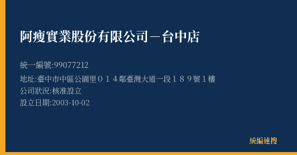 阿瘦實業股份有限公司-台中店的照片-統編 99077212(臺中市) 公司登記資料與營業項目詳細圖表