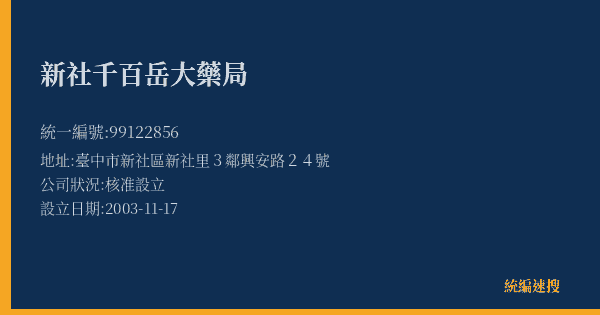 新社千百岳大藥局的照片-統編 99122856(臺中市) 公司登記資料與營業項目詳細圖表