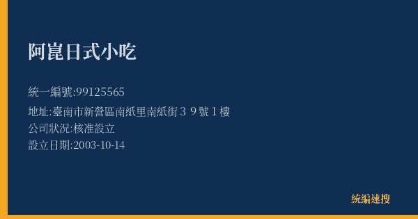 阿崑日式小吃的照片-統編 99125565(臺南市) 公司登記資料與營業項目詳細圖表