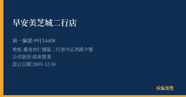 早安美芝城二行店的照片-統編 99134608(臺南市) 公司登記資料與營業項目詳細圖表