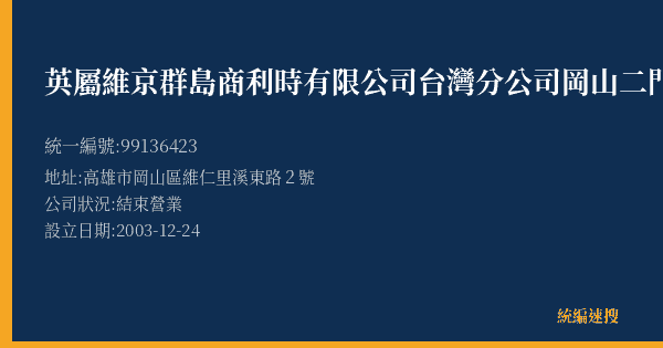 英屬維京群島商利時有限公司台灣分公司岡山二門市部的照片-統編 99136423(高雄市) 公司登記資料與營業項目詳細圖表