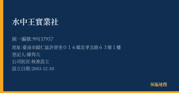 水中王實業社的照片-統編 99137957(臺南市) 公司登記資料與營業項目詳細圖表