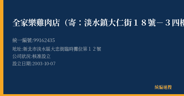 全家樂雞肉店(寄:淡水鎮大仁街18號-3四樓的照片-統編 99162435(新北市) 公司登記資料與營業項目詳細圖表