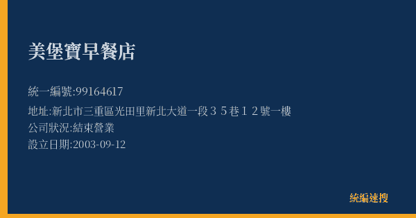 美堡寶早餐店的照片-統編 99164617(新北市) 公司登記資料與營業項目詳細圖表