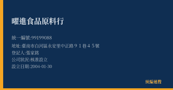 曜進食品原料行的照片-統編 99199088(臺南市) 公司登記資料與營業項目詳細圖表