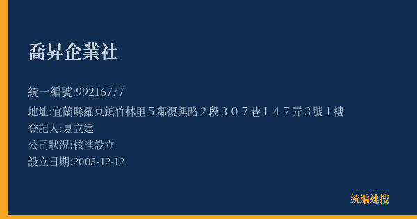 喬昇企業社的照片-統編 99216777(宜蘭縣) 公司登記資料與營業項目詳細圖表