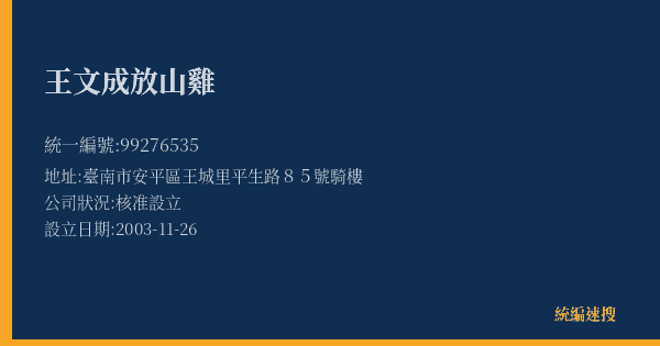王文成放山雞的照片-統編 99276535(臺南市) 公司登記資料與營業項目詳細圖表