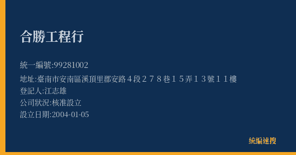 合勝工程行的照片-統編 99281002(臺南市) 公司登記資料與營業項目詳細圖表
