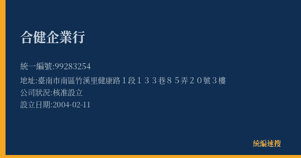 合健企業行的照片-統編 99283254(臺南市) 公司登記資料與營業項目詳細圖表