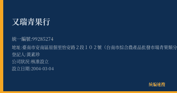 又瑞青果行的照片-統編 99285274(臺南市) 公司登記資料與營業項目詳細圖表