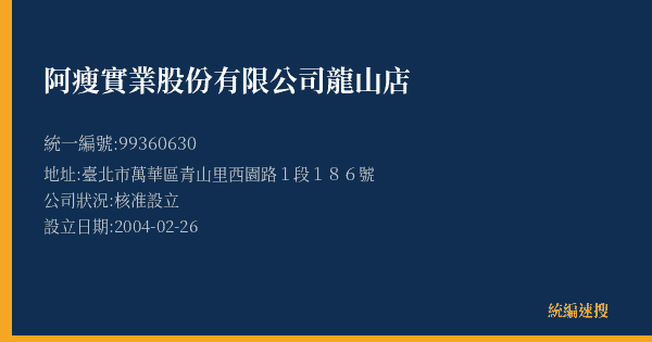 阿瘦實業股份有限公司龍山店的照片-統編 99360630(臺北市) 公司登記資料與營業項目詳細圖表