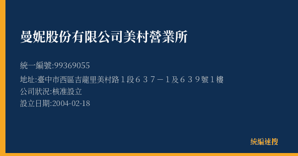 曼妮股份有限公司美村營業所的照片-統編 99369055(臺中市) 公司登記資料與營業項目詳細圖表