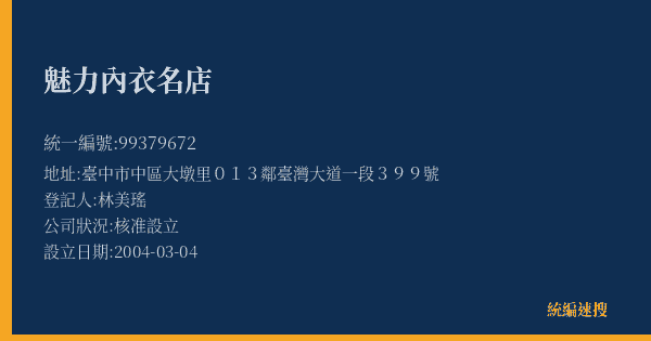 魅力內衣名店的照片-統編 99379672(臺中市) 公司登記資料與營業項目詳細圖表