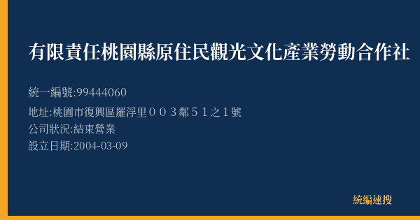 有限責任桃園縣原住民觀光文化產業勞動合作社的照片-統編 99444060(桃園市) 公司登記資料與營業項目詳細圖表