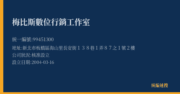 梅比斯數位行銷工作室的照片-統編 99451300(新北市) 公司登記資料與營業項目詳細圖表