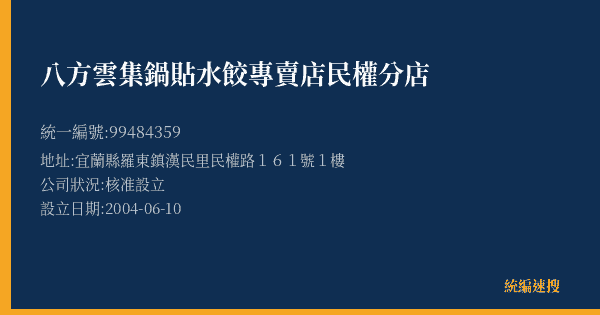 八方雲集鍋貼水餃專賣店民權分店的照片-統編 99484359(宜蘭縣) 公司登記資料與營業項目詳細圖表