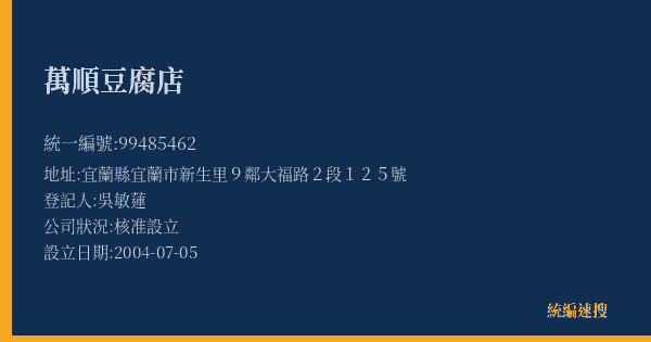 萬順豆腐店的照片-統編 99485462(宜蘭縣) 公司登記資料與營業項目詳細圖表