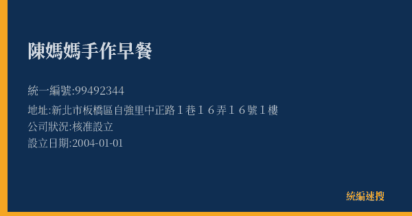 陳媽媽手作早餐的照片-統編 99492344(新北市) 公司登記資料與營業項目詳細圖表