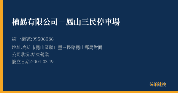 楠勗有限公司-鳳山三民停車場的照片-統編 99506086(高雄市) 公司登記資料與營業項目詳細圖表