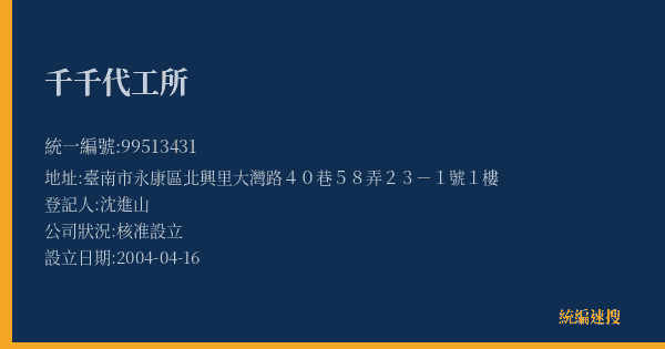 千千代工所的照片-統編 99513431(臺南市) 公司登記資料與營業項目詳細圖表