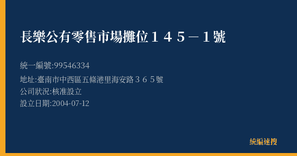 長樂公有零售市場攤位145-1號的照片-統編 99546334(臺南市) 公司登記資料與營業項目詳細圖表