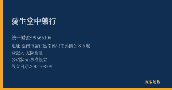 愛生堂中藥行的照片-統編 99566106(臺南市) 公司登記資料與營業項目詳細圖表