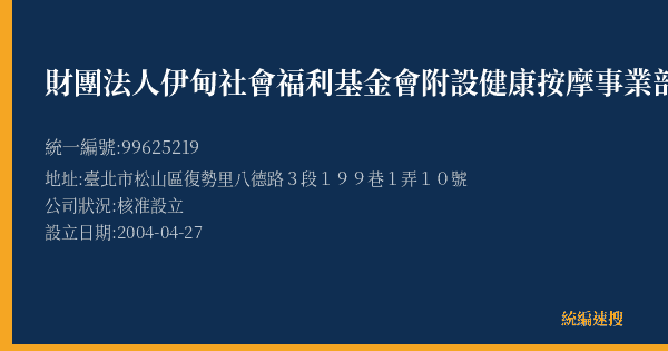 財團法人伊甸社會福利基金會附設健康按摩事業部的照片-統編 99625219(臺北市) 公司登記資料與營業項目詳細圖表