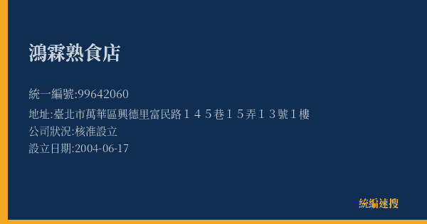 鴻霖熟食店的照片-統編 99642060(臺北市) 公司登記資料與營業項目詳細圖表