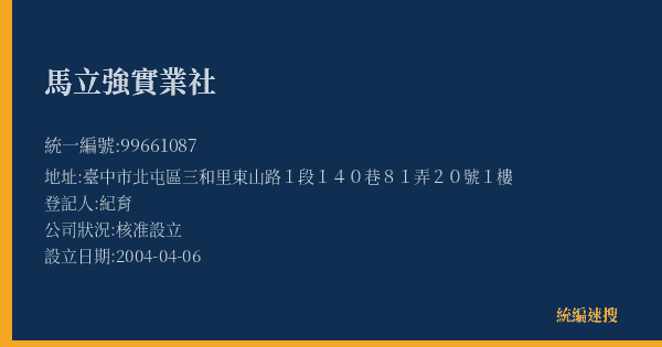 馬立強實業社的照片-統編 99661087(臺中市) 公司登記資料與營業項目詳細圖表