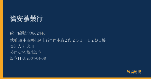 濟安蔘藥行的照片-統編 99662446(臺中市) 公司登記資料與營業項目詳細圖表