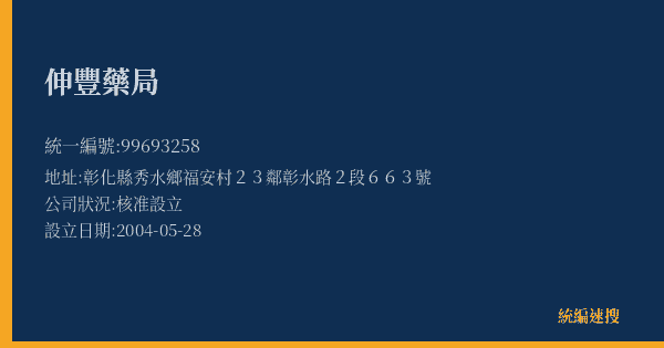 伸豐藥局的照片-統編 99693258(彰化縣) 公司登記資料與營業項目詳細圖表