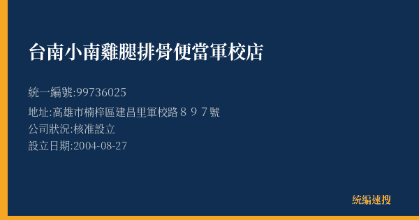 台南小南雞腿排骨便當軍校店的照片-統編 99736025(高雄市) 公司登記資料與營業項目詳細圖表