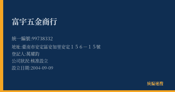 富宇五金商行的照片-統編 99738332(臺南市) 公司登記資料與營業項目詳細圖表