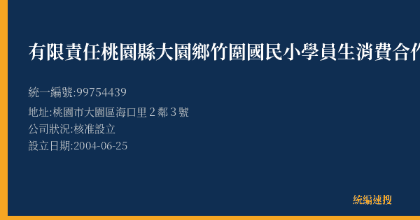 有限責任桃園縣大園鄉竹圍國民小學員生消費合作社的照片-統編 99754439(桃園市) 公司登記資料與營業項目詳細圖表