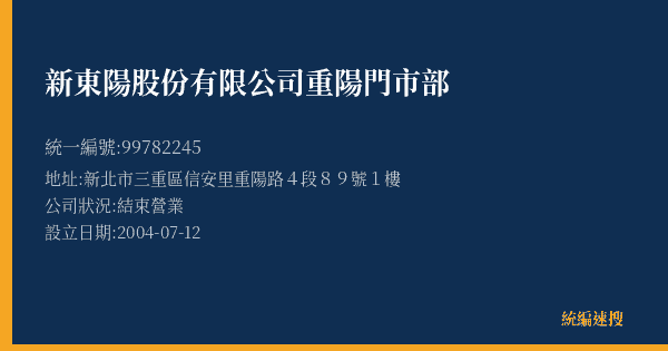 新東陽股份有限公司重陽門市部的照片-統編 99782245(新北市) 公司登記資料與營業項目詳細圖表