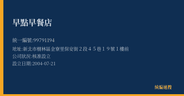 早點早餐店的照片-統編 99791194(新北市) 公司登記資料與營業項目詳細圖表