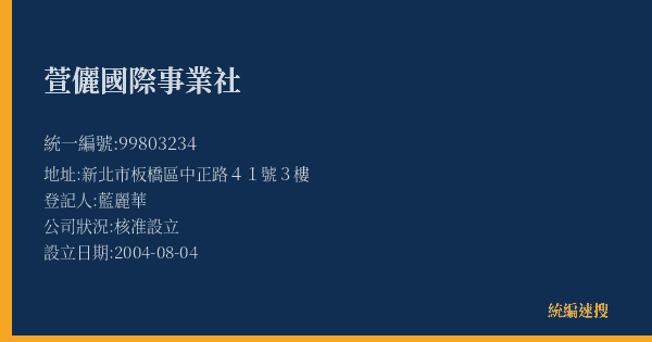 萱儷國際事業社的照片-統編 99803234(新北市) 公司登記資料與營業項目詳細圖表