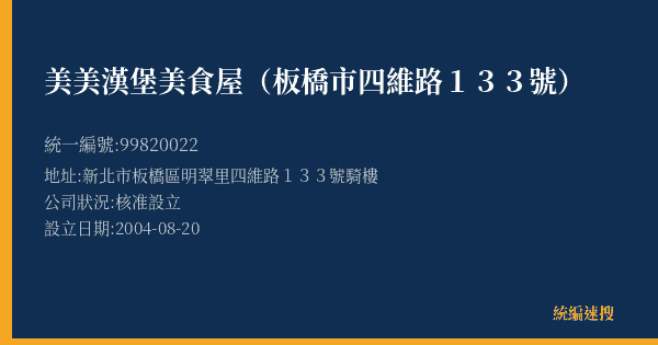 美美漢堡美食屋(板橋市四維路133號)的照片-統編 99820022(新北市) 公司登記資料與營業項目詳細圖表