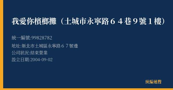 我愛你檳榔攤(土城市永寧路64巷9號1樓)的照片-統編 99828782(新北市) 公司登記資料與營業項目詳細圖表