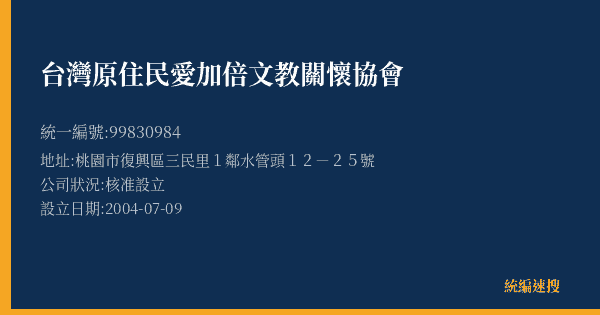 台灣原住民愛加倍文教關懷協會的照片-統編 99830984(桃園市) 公司登記資料與營業項目詳細圖表