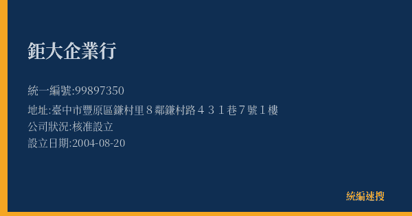 鉅大企業行的照片-統編 99897350(臺中市) 公司登記資料與營業項目詳細圖表