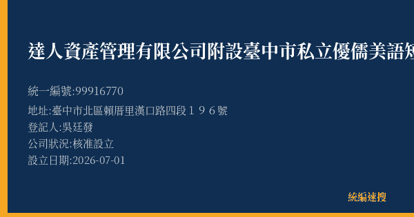 達人資產管理有限公司附設臺中市私立優儒美語短期補習班的照片-統編 99916770(臺中市) 公司登記資料與營業項目詳細圖表